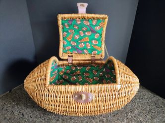 WICKER FOOTBALL PICNIC BASKET LINED WITH FOOTBALL PRINTED FABRIC