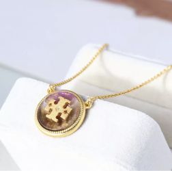 Tory Burch Enameled Multi-Color Purple on Gold Logo Chain Pendant Necklace