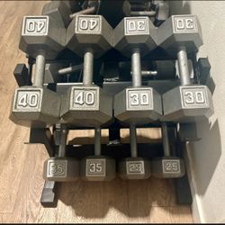 Set Of Heavy Hex Cast Iron Dumbbells  In NEW CONDITION Total: 260 lbs (NO  RACK)