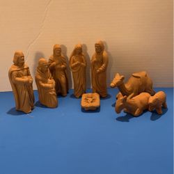 Vintage Terra Cotta Christmas Manger Set Wise Men Animals Baby Jesus Set of 9   LR