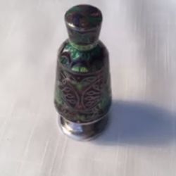 Elegant vintage sterling Silver Enamel Perfume Bottle w/Dauber-Peacock Design
