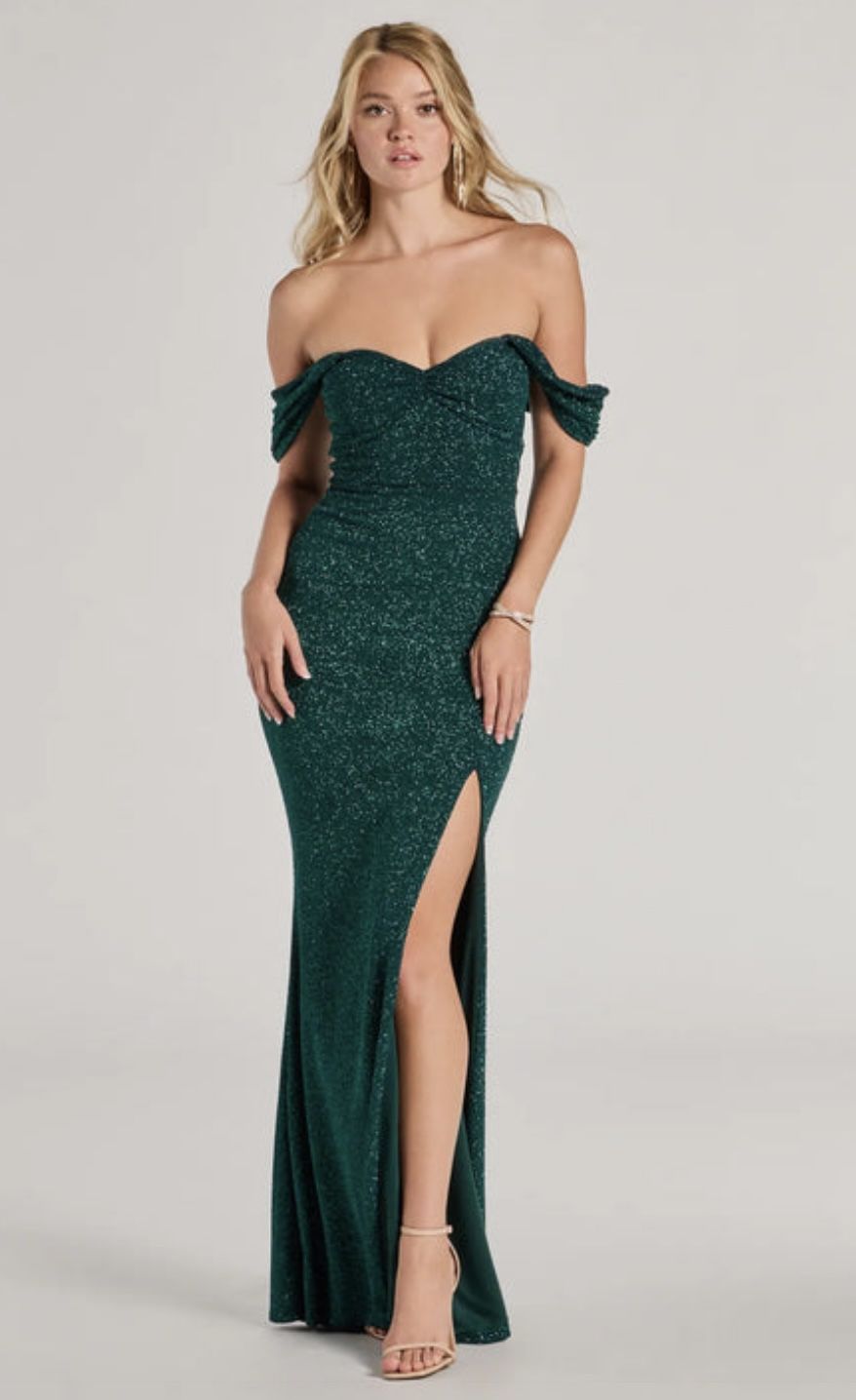 Off Shoulder Glitter Hunter Green Dress