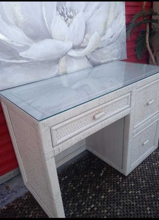 Vintage Wrapped Rattan Desk with Glass Top 