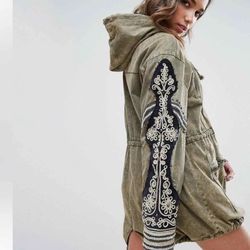 Free People Golden Quills Military Parka Green Long Cinch Coat Embroidered Sleeves 