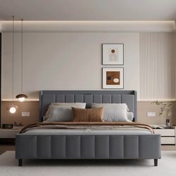 New Modern QUEEN & KING BED FRAME Upholstered  W/ Headboard & USB Outlet. Grey & Beige Color Available 