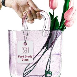OLEEK Handmade Glass Purse Vase for Flowers and Drinks - 10 in - Cute Pink Centerpiece & Fish Bowl - Unique Handbag Flower Vase - Wide Mouth Decorativ