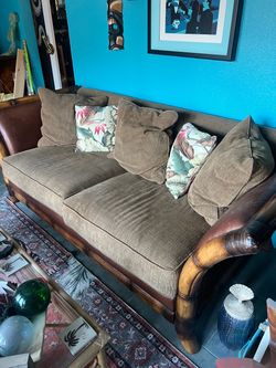 Schnadig Couch Bamboo Leather Upholstered 90” long
