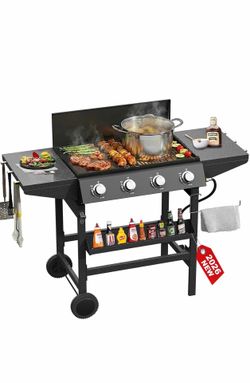 3 in 1 Propane Griddle Grill Stove Combo,4-Burner Propane Gas BBQ Grill with Porcelain-Enameled Cast lron Grates & Plate, 52,000 BTU Barbecue Combo Gr