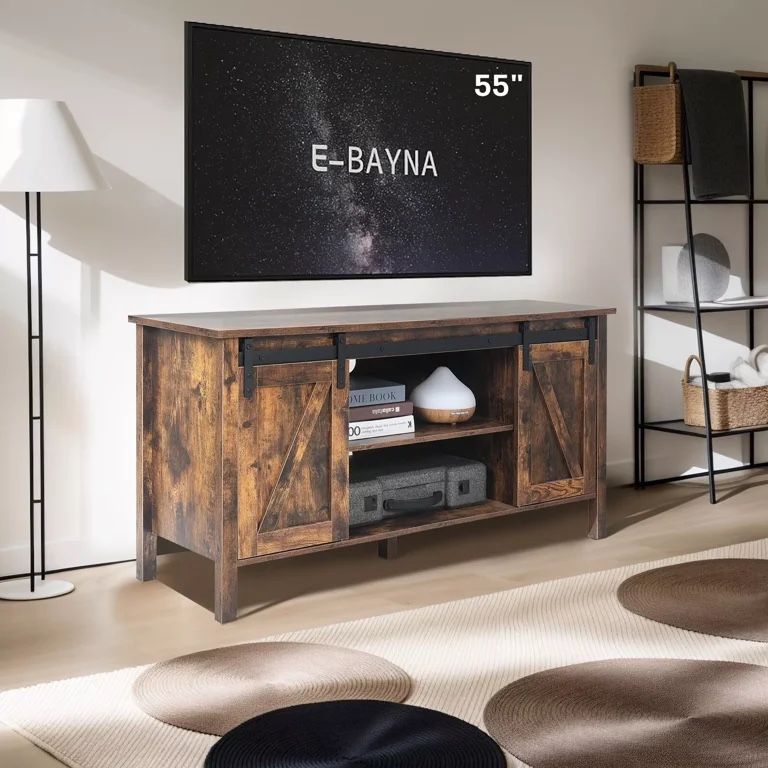 TV Stand For 55+ Inch TV, 24" Tall Entertainment Center W/Sliding Barn Door, Rustic Media Console W/Storage Shelves, Wood Television Stand For Living