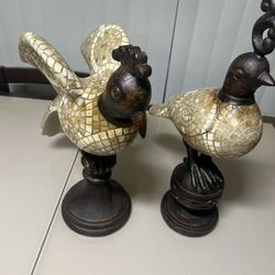 Vintage Mosaic Quail Bird Statue Pair — Large & Heavy — 17" — Hand-laid Tiles  Rustic-styled pair of vintage hand-tiled mosaic quail statues look grea