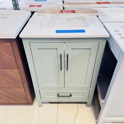 24 in Single Sink Bath Vanity in Sage Green with Marble Top in White  $349 