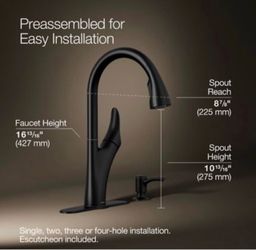 New Kohler Transitional Matte Black Pulldown Kitchen Faucet 1PREC26448-SD-BL-AA