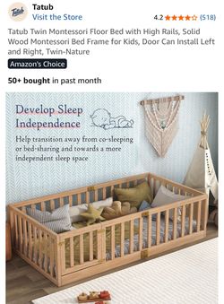 Twin Montessori Floor Bed with High Rails, Solid Wood Montessori Bed Frame for Kids, Door Can Install Left and Right, Twin-Nature
