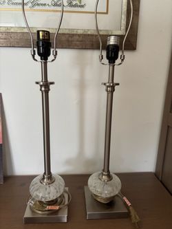 Brushed nickel metal and glass table lamps