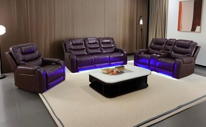 All power electric brown leather fully reclining couch 3 piece set