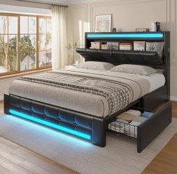 Queen Bed Frame with Storage Headboard & 4 Drawers, Black PU LED Bed Frame