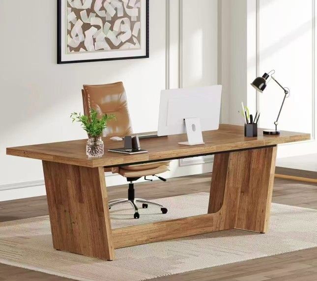 JW0903 70.87-Inch Executive Wood Computer Desk: Large Home Office Desk with Solid Wooden Pedestal, Industrial Study Writing Table, Workstation Busines