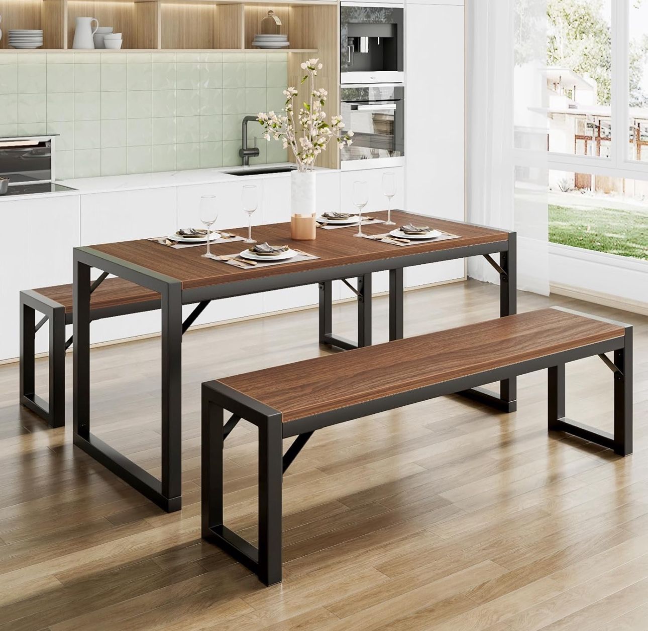 43x28 Kitchen Dining Table Set for 4 with Benches, Rustic Small Space Saving Dinette, Heavy Duty Metal Frame