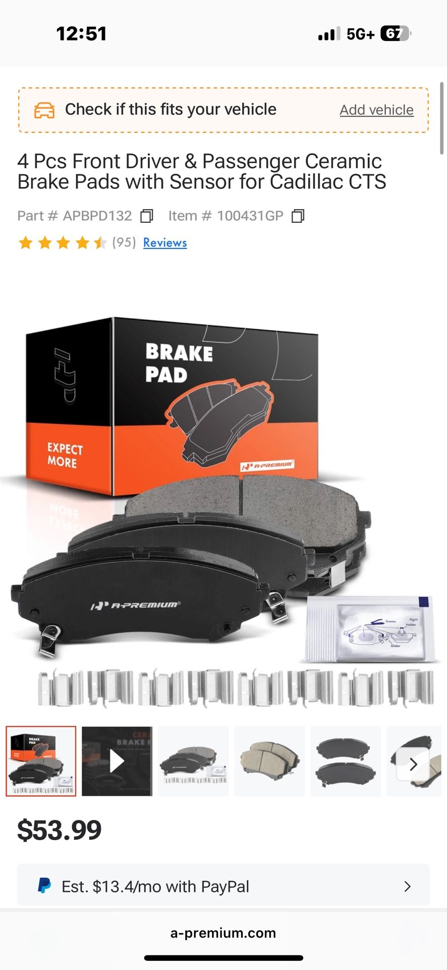 4 Pcs Front Driver & Passenger Ceramic Brake Pads with Sensor for Cadillac CTS