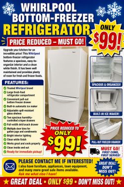 ❄️ WHIRLPOOL BOTTOM-FREEZER REFRIGERATOR – ONLY $99.99! ❄️
Upgrade your kitchen with this Whirlpool bottom-freezer refrigerator featuring a spacious,