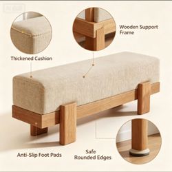 Beige Linen Upholstered Entry Bench, Solid Wood Padded Shoe Ottoman for Foyer & Bedroom