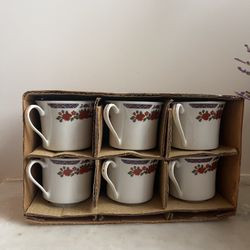 Vintage Set Of 6 Crown Ming China Old Imari Orange & Blue Flowers Gold Trim Coffee Cup Tea Cup