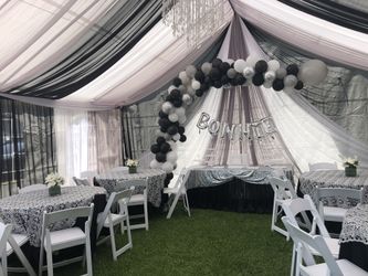 Party decorations balloons garland tent Drapping backdrop chairs tables heaters