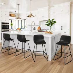 (Set of 4) Swivel Bar Stool Black Faux Leather Seat Metal Frame 24.5'' Bar Stools with Footrest and Low Back