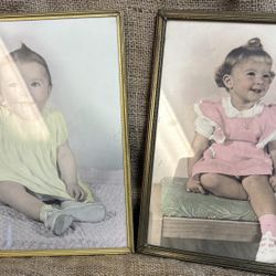 2 Standup Antique Beautiful Baby Portraits In Metal Gold Frames
