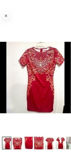 WOMANS elegant bohemian front deco pattern Red sheath dress size small