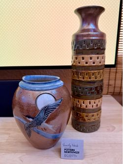 2 vintage Stoneware Decorative Vases - the Bird vase is one-of-kind