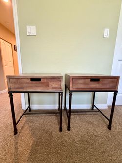Pair of Wood and Metal Nightstands / End Tables, Set of 2