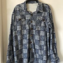 Men’s Blue & White Grid Print Button-Down Shirt – Distressed Windowpane Style – Large/XL New