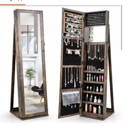 Brown Mirrored Jewelry Cabinet Armoire Lockable Standing Storage Organizer with Shelf