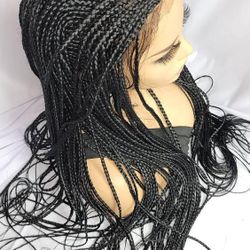 Braided lace front wig handmade long wig black wig feed in cornrows micro braids

