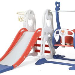 Glaf 4 in 1 Toddler Slide and Swing Set Kids Slide for Toddlers 1-3 Outdoor Playset Indoor Playground Baby  Toys with Basketball Hoop (Blue Red ) S1