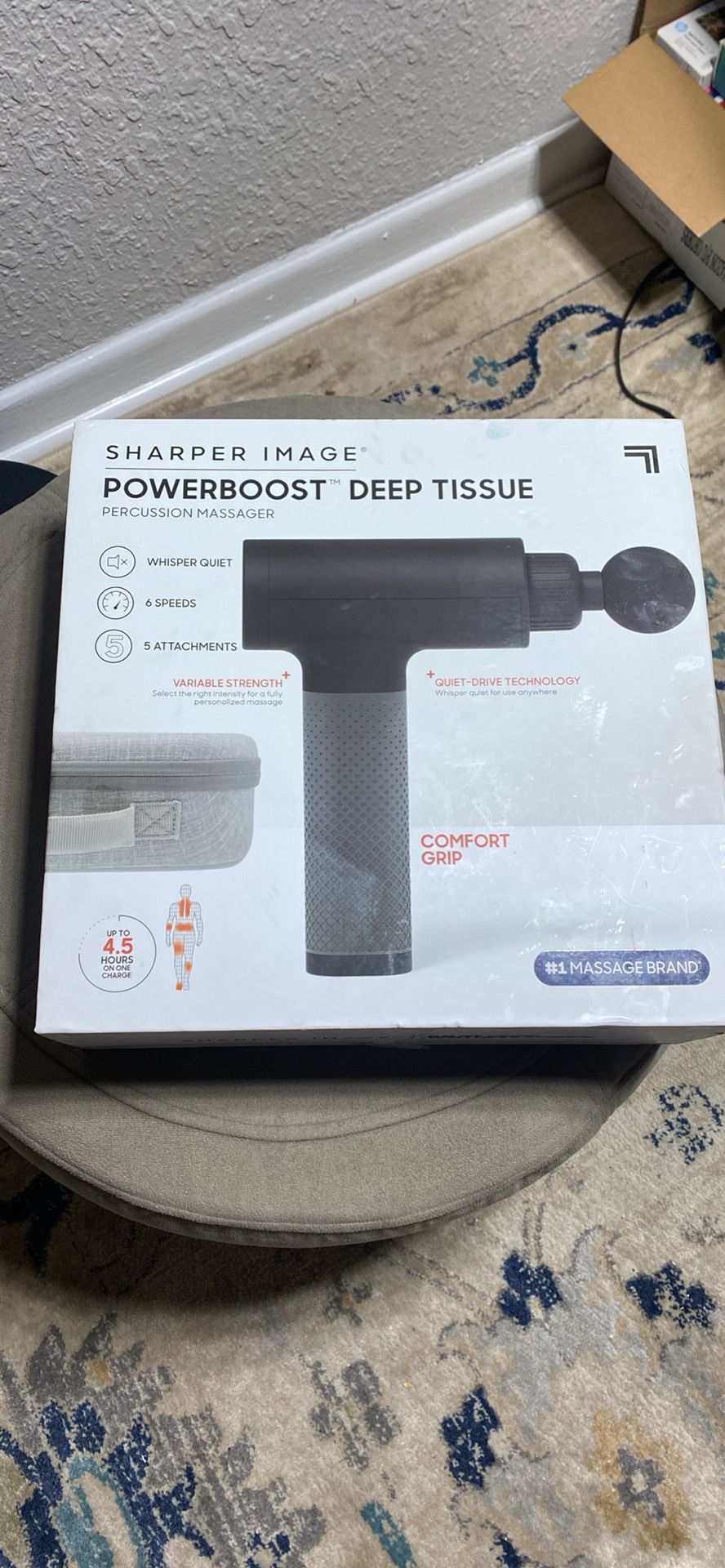 Sharper Image® Powerboost® Deep Tissue Percussion Massager Version 3.0, Massage Gun w/ 5 Attachments, 6 Speed Settings