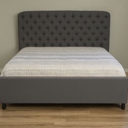 Gray Upholstered King Bed Frame with Tufted Headboard