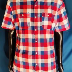 Ecko Unltd Shirt Men's L Red Blue Plaid Button Down Short Sleeve Casual VINTAGE

