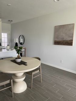 Solid Ash Wood Dining Table with Unique Round Base with two chairs from Anthropologie