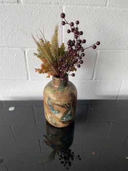 Decorative Decoupage Glass Vase with Faux Berry & Wheat Arrangement