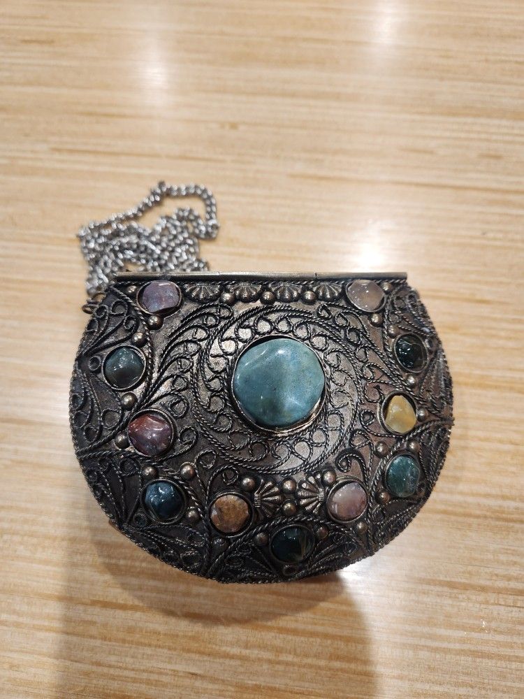 Vintage Sajai Metal & Agate Box Coin Purse