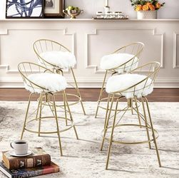 268 Andeworld Swivel Bar Stools with Backs Gold Metal Counter Bar Chairs Set of 4 (24", White Fur Upholstered Seat)