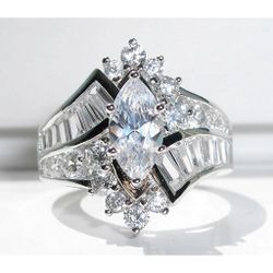 Size 7, 925 Sterling Silver Marquise &Baguette CZ Cocktail Ring