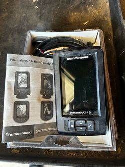 Humminbird PiranhaMAX 4 DI fish finder/depth finder. Includes the display unit, wiring/cables, mounting hardware/accessories, original-style case/pack