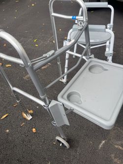 Folding walker with tray and bedside commode