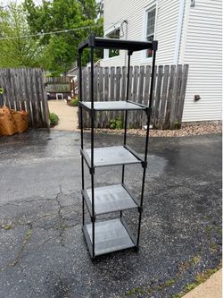 Shelving Unit, 5 Shelves, Plastic Frame, Cloth Shelves, 18 by 18, 66 high, comes apart, light, $15
