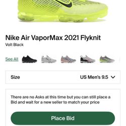 Nike Air VaporMax 2021 Flyknit Volt Black Size 9.5 M