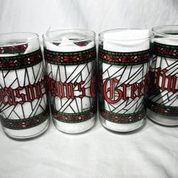Vintage Christmas Houze Seasons Greetings Highball Set Of 4 Tall Glasses Holiday 1970s Barware MCM Stained Glass Design Gold Rim Tumbler Collectible