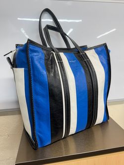BALENCIAGA BAZAR TOTE BAG – USED AUTHENTIC LEATHER STRIPED (BLUE/BLACK/WHITE) ENTRUPY CHECKED